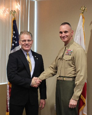 Mark Witzel (l), chapter president, thanks Col. David Terando, USMC, chief of staff for Marine Corps Base Camp Pendleton, following the colonel's speech at the December meeting.